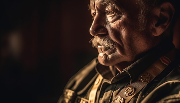 Gratis foto oude veteraan met grijze baard die er serieus uitziet, gegenereerd door ai