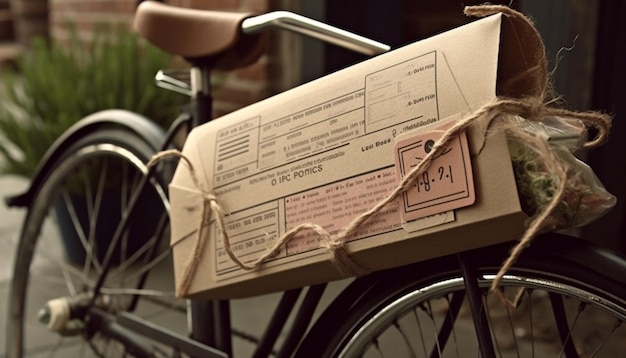 Ouderwets fietswiel draagt zorgpakket buitenshuis gegenereerd door ai