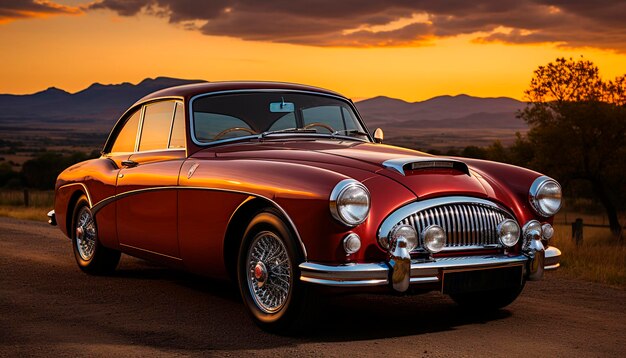 Ouderwetse chromen auto vintage elegantie rijden door landelijk zonsonderganglandschap gegenereerd door kunstmatige intelligentie