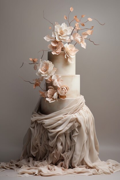 Overladen taart met doek en bloemen