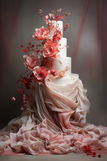 Overladen taart met doek en bloemen