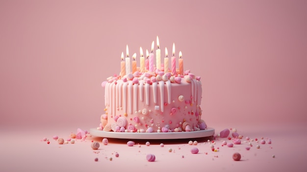 Overladen taart met roze achtergrond