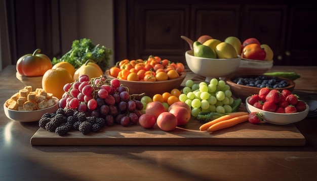 Overvloed aan vers gezond fruit op houten tafel gegenereerd door ai