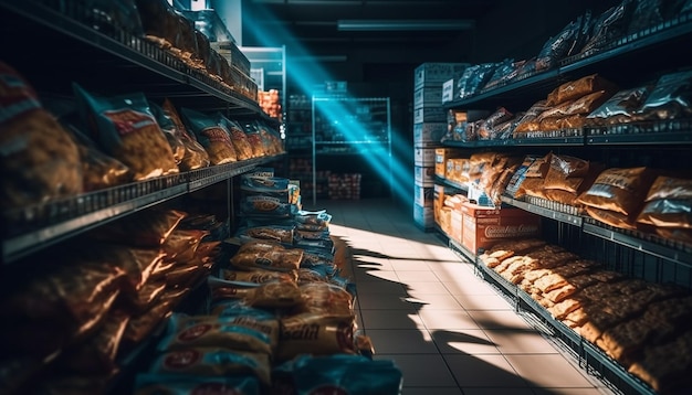 Overvloed aan verse boodschappen in de schappen van supermarkten, gegenereerd door AI