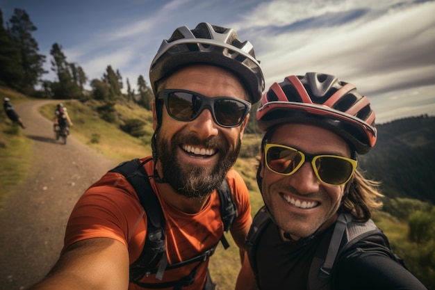 Gratis foto paar dat een selfie maakt terwijl ze samen fietsen