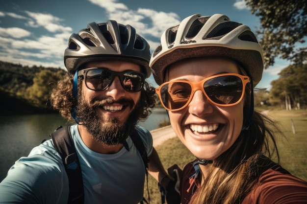 Gratis foto paar dat een selfie maakt terwijl ze samen fietsen