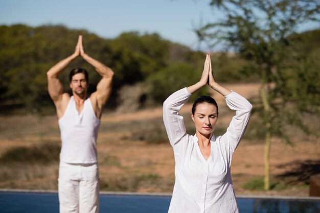 Paar die yoga uitvoeren bij safarivakantie