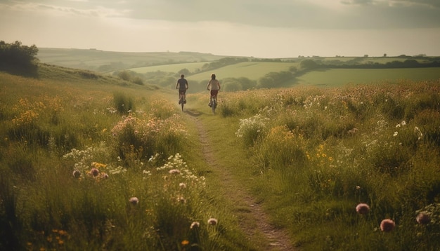 Paar wandelen in de weide genieten van natuurschoon gegenereerd door AI