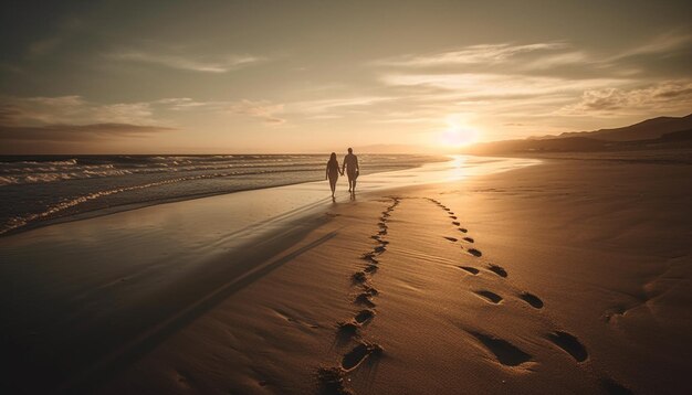 Paar wandelen op het strand genieten van zonsondergang romantiek gegenereerd door AI