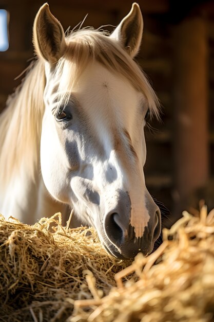 Paard eet hooi in stal