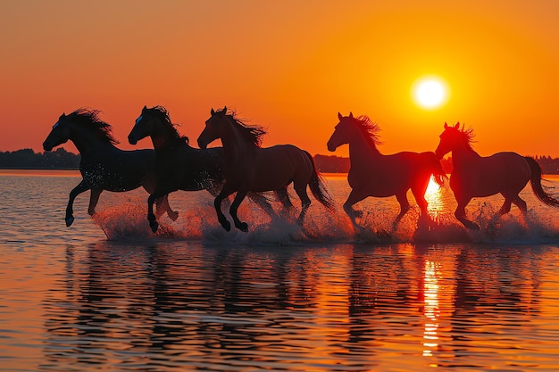 Paarden galoperen op het strand, gegenereerd door AI.