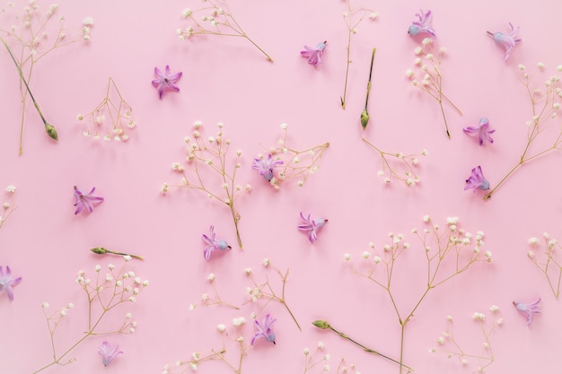 Paarse bloemen met plant takken op tafel