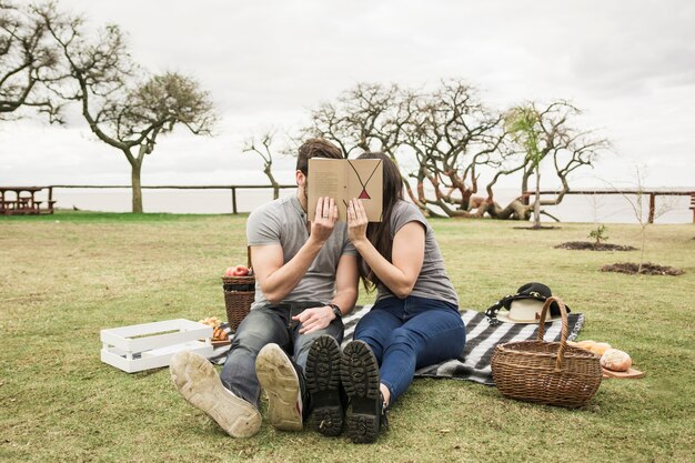 Paarzitting op het algemene holdingsboek over hun gezicht bij picknick