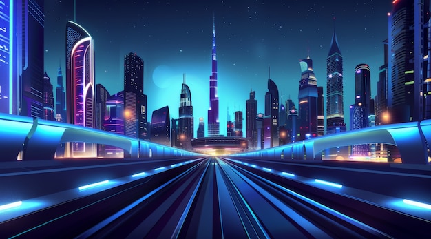 Gratis foto panoraambeeld van de stad dubai verlicht in een neon spectrum