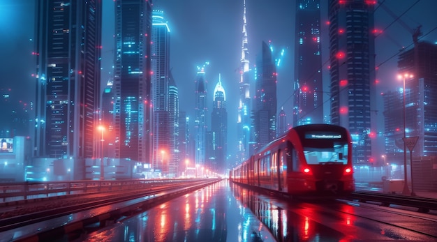 Gratis foto panoraambeeld van de stad dubai verlicht in een neon spectrum