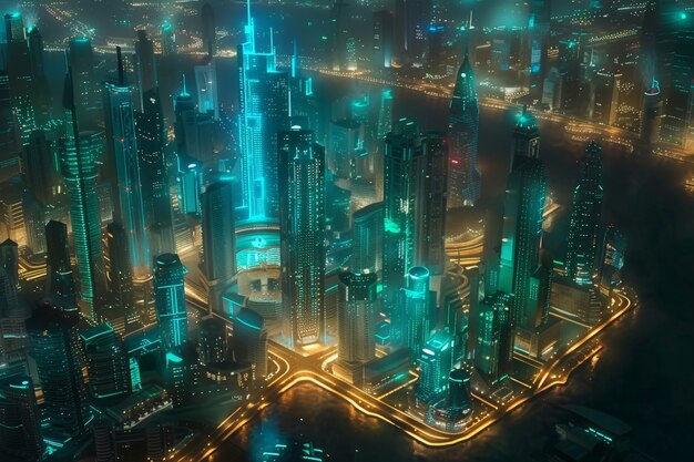 Panoraambeeld van de stad Dubai verlicht in een neon spectrum