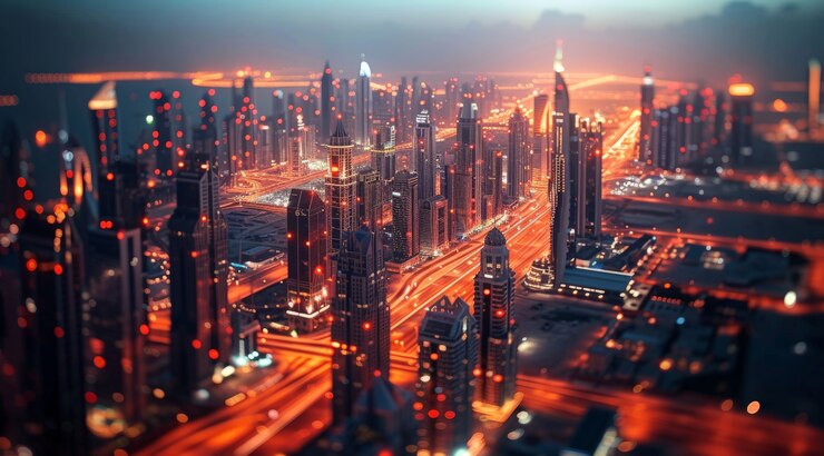 Gratis Foto panoraambeeld van de stad dubai verlicht in een neon spectrum