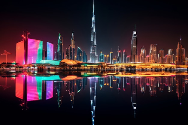 Panoraambeeld van de stad Dubai verlicht in een neon spectrum