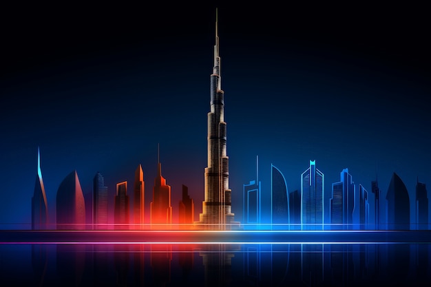 Gratis foto panoraambeeld van de stad dubai verlicht in een neon spectrum