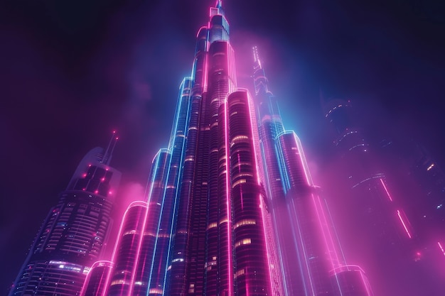 Gratis foto panoraambeeld van de stad dubai verlicht in een neon spectrum