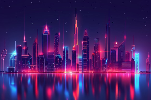 Panoraambeeld van de stad Dubai verlicht in een neon spectrum