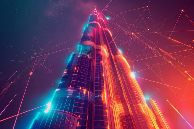 Panoraambeeld van de stad Dubai verlicht in een neon spectrum