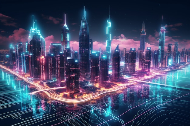 Gratis foto panoraambeeld van de stad dubai verlicht in een neon spectrum