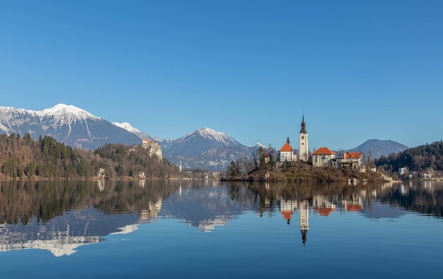 Panorama van het meer van Bled