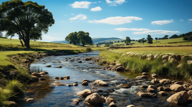 Panoramisch zicht op een kleine rivier die door een weiland stroomt