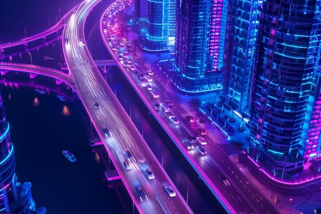 Gratis foto panoramische uitzichten over de stad dubai verlicht in een neon spectrum