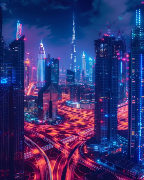 Panoramische uitzichten over de stad Dubai verlicht in een neon spectrum