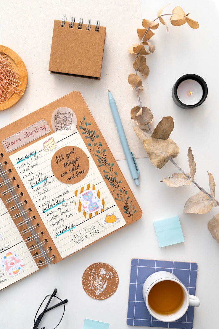 Gratis Foto papieren planner bullet journal met briefpapier