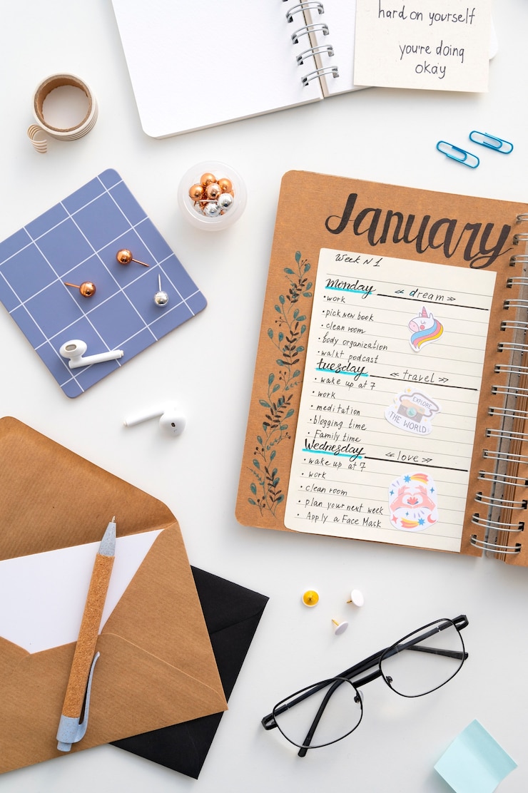 Gratis Foto papierplanner bullet journal met schrijfbenodigdheden