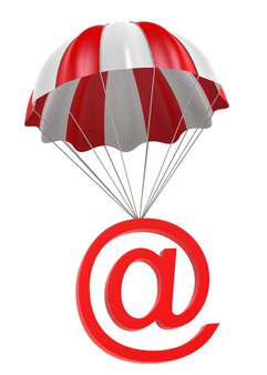 Parachute met @-symbool. 3d digitaal gegenereerde afbeelding.