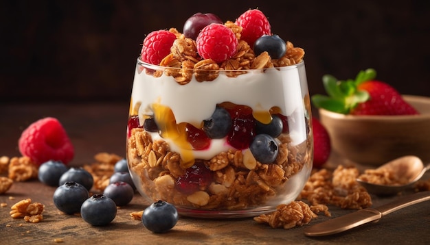 Parfait van vers fruit met muesli en yoghurt gegenereerd door AI