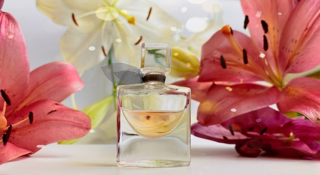 Parfum met bloemen op witte achtergrond. een parfumflesje omringd door lelieblaadjes in roze en witte kleur. eau de toilette, eau de parfum, beautyconcept.