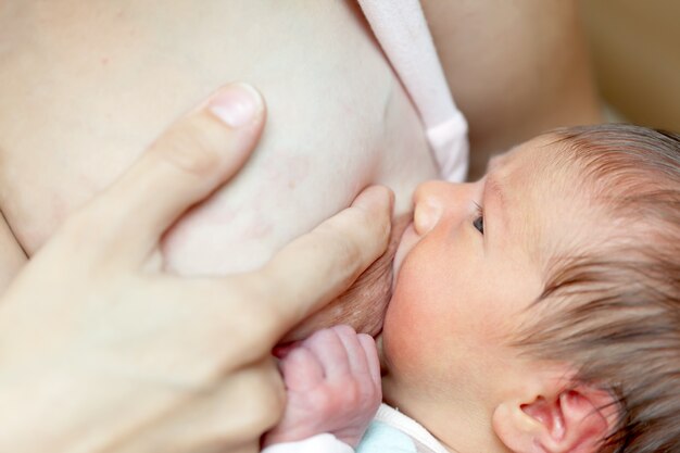 pasgeboren baby zuigt borst