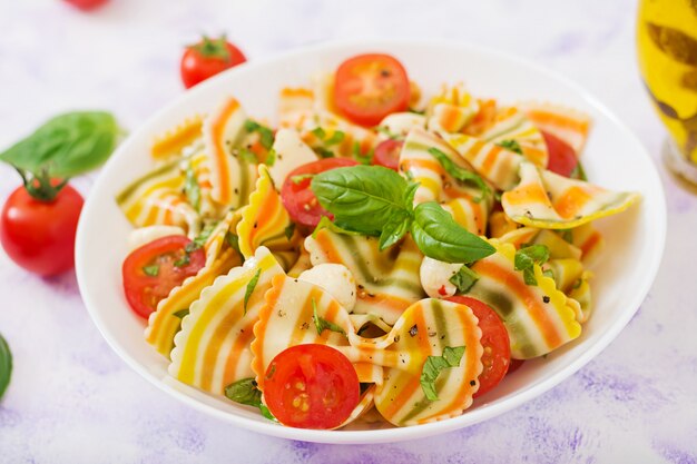 Pasta gekleurde farfalle salade met tomaten, mozzarella en basilicum.
