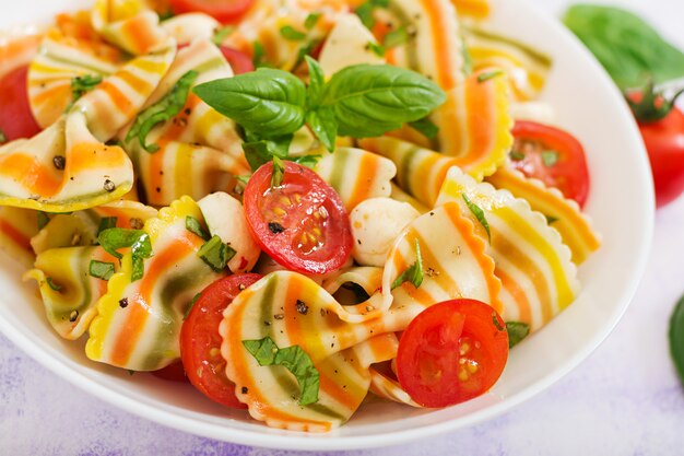 Pasta gekleurde farfalle salade met tomaten, mozzarella en basilicum.