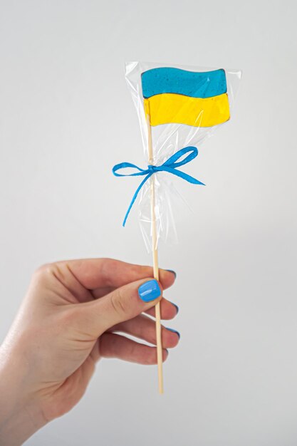 Patriottische lolly in de vorm van de vlag van Oekraïne