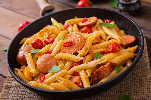 Penne pasta met tomatensaus met worst, tomaten, groene basilicum ingericht in een koekenpan op een houten tafel