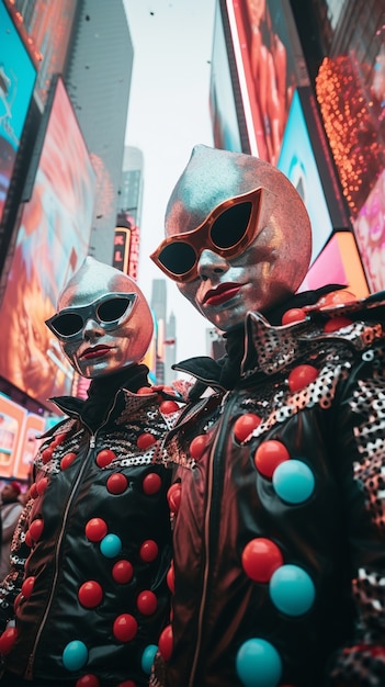 Gratis foto personage in kostuum op een futuristisch carnaval