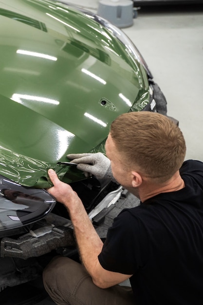 Gratis foto persoon die aan carwrapping werkt