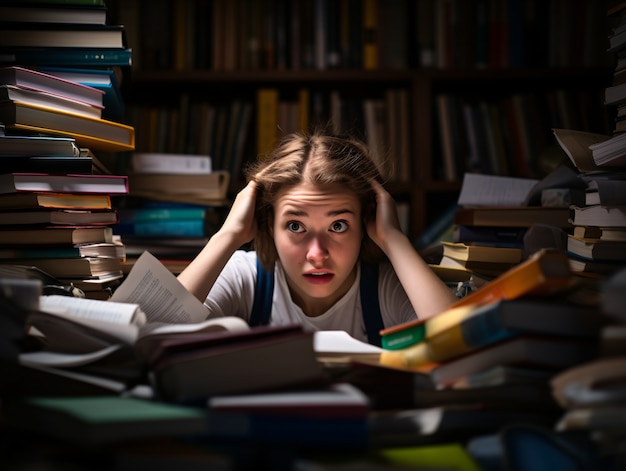 Persoon die angst voelt veroorzaakt door boeken en studeren
