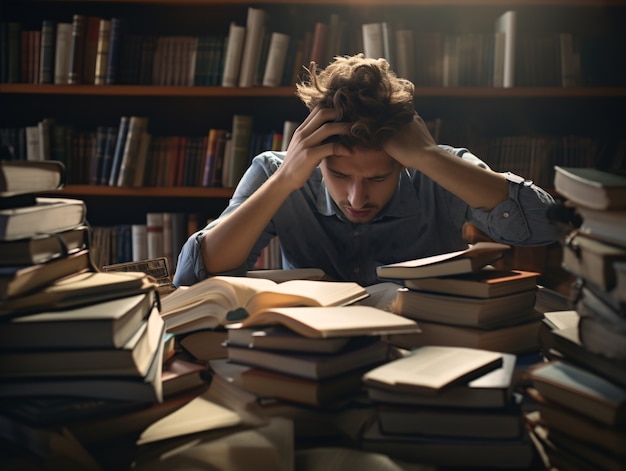 Persoon die angst voelt veroorzaakt door boeken en studeren