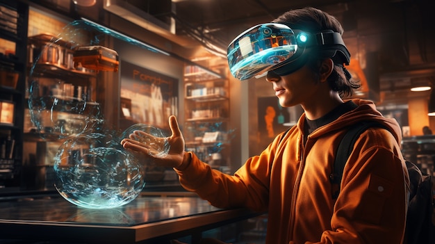 Gratis foto persoon die een futuristische virtual reality headset gebruikt voor videogames