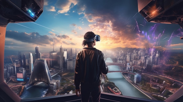 Gratis foto persoon die een futuristische virtual reality-headset gebruikt