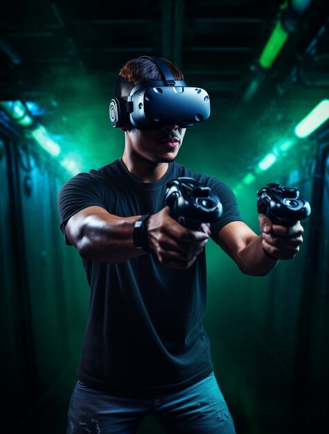 Persoon die een futuristische virtuele realiteitsbril draagt voor gaming