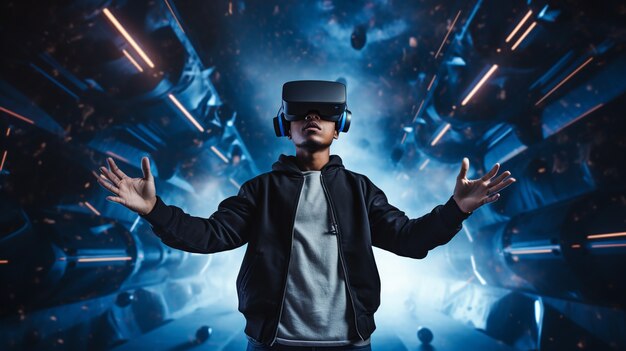 Persoon die een futuristische virtuele realiteitsbril draagt voor gaming