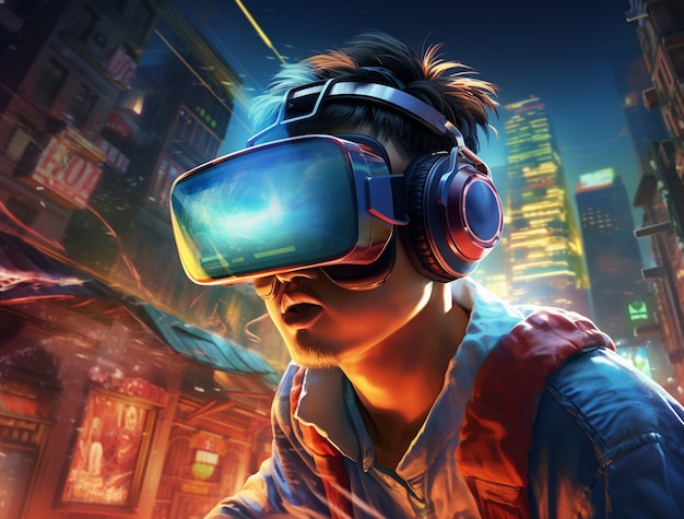 Persoon die een futuristische virtuele realiteitsbril draagt voor gaming